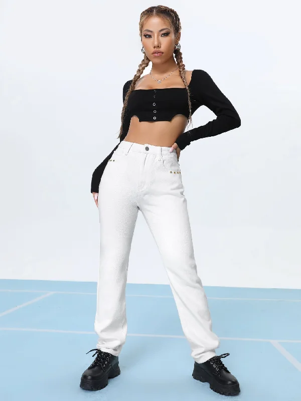 Great Bargain Great Bargain Casual Plain Studded High Waist Long Women Pants