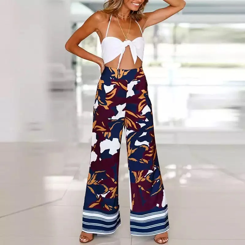 Weekend Special Weekend Special Women Pants Casual Long Trousers Floral Print Boho High Waist Loose Coastal Sea Beach for Ladies Wide Leg Pants Flat Front