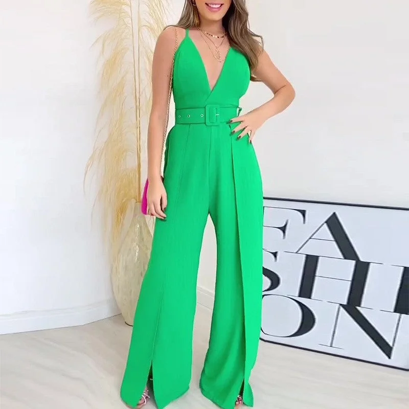 Huge Savings Huge Savings Suspension V-Neck High Waist Slit Hem Wide Leg Pants Wholesale Women Jumpsuit N3823100900077 Huge Savings Huge Savings Suspension V-Neck High Waist Slit Hem Wide Leg Pants Wholesale Women Jumpsuit N3823100900077