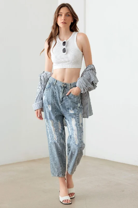 Major Savings Major Savings Light Blue Wash Barrel Leg High Waist Distressed Jeans