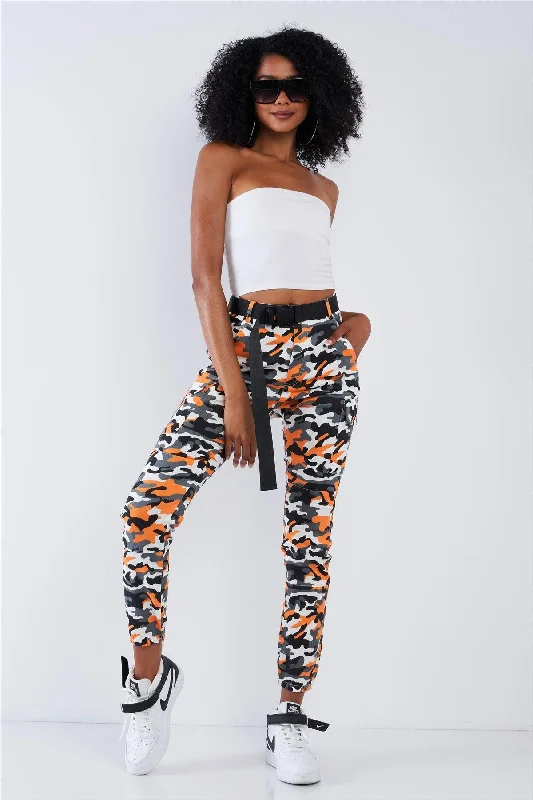 Pay Less Pay Less Orange Camo High Waisted Belted Cargo Pants