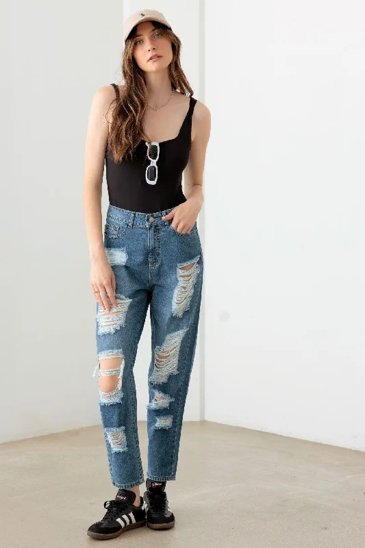 Year-End Sale Year-End Sale Destroyed High Waist Mom Style Fit Jeans