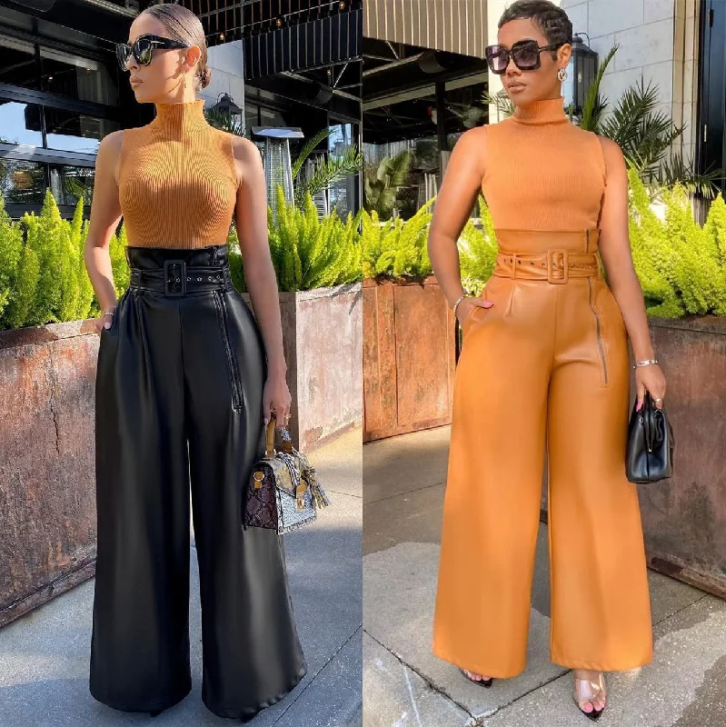 Massive Deal Massive Deal OUDINA Fashion Nightclub High Waist Casual Trousers Women Wide Leg Pant PU Leather Pants Massive Deal Massive Deal OUDINA Fashion Nightclub High Waist Casual Trousers Women Wide Leg Pant PU Leather Pants