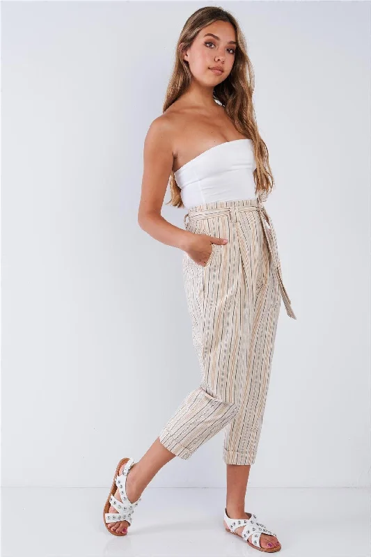 Savings Bonanza Savings Bonanza Natural Striped High Waisted Tapered Folded Hem Pants Savings Bonanza Savings Bonanza Natural Striped High Waisted Tapered Folded Hem Pants