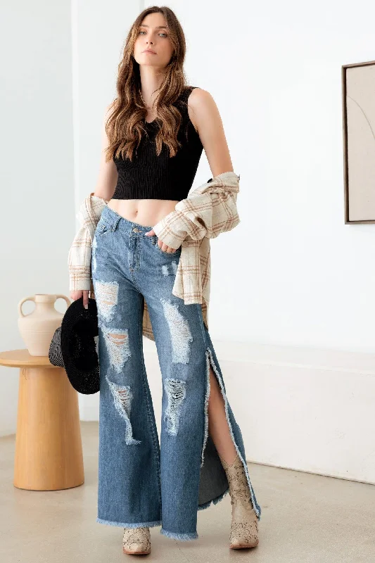 Huge Discounts Huge Discounts Blue Side Slit Wide Leg Destroyed Jeans