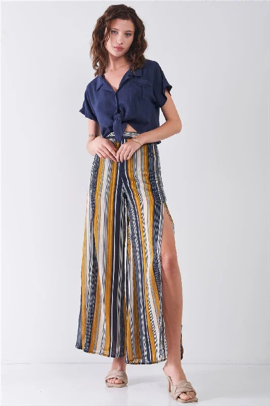 Amazing Value Amazing Value Striped Glitter Stitching High Waist Side Slit Wide Leg Pants Amazing Value Amazing Value Striped Glitter Stitching High Waist Side Slit Wide Leg Pants