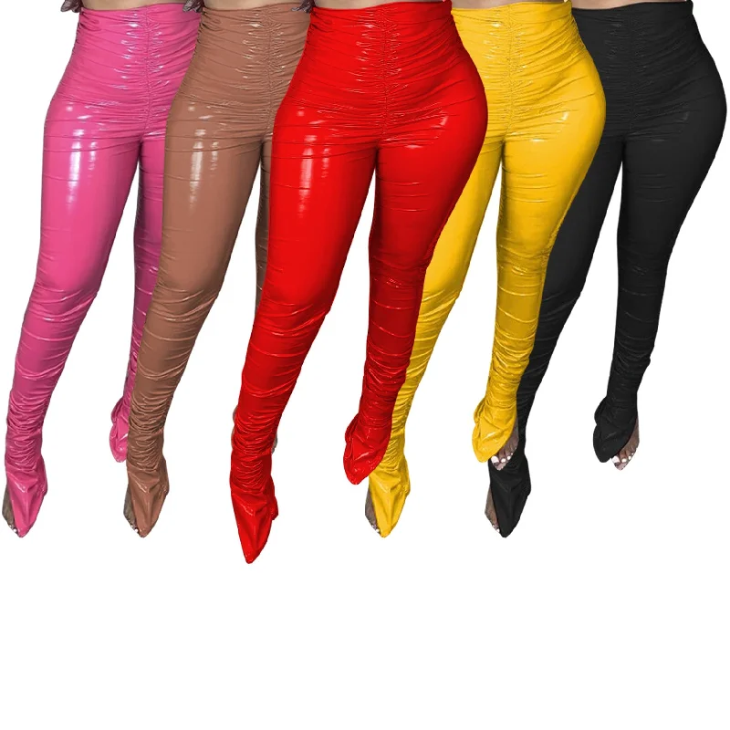 Weekend Discounts to Love Weekend Discounts to Love Women's fashion casual crimped pile pants with slits and velvet shiny PU leather casual pants Weekend Discounts to Love Weekend Discounts to Love Women's fashion casual crimped pile pants with slits and velvet shiny PU leather casual pants