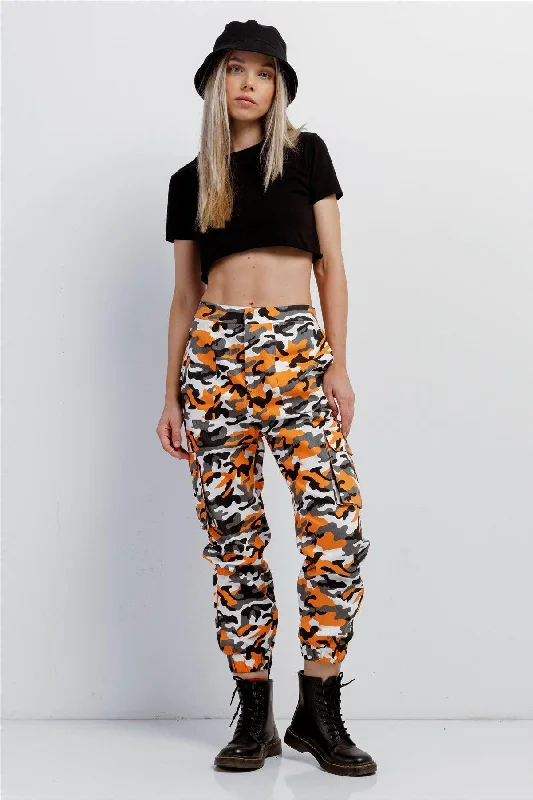 New Arrival New Arrival Orange Camouflage High Waisted Cargo Pants