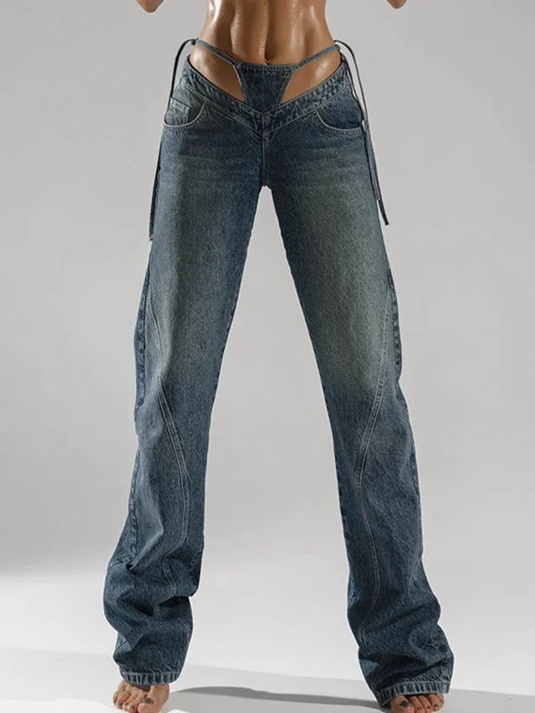 Don't Wait Don't Wait ZASUWA Female Sexy Cutout V-shape Waist Denim Flare Fashion Pants Don't Wait Don't Wait ZASUWA Female Sexy Cutout V-shape Waist Denim Flare Fashion Pants