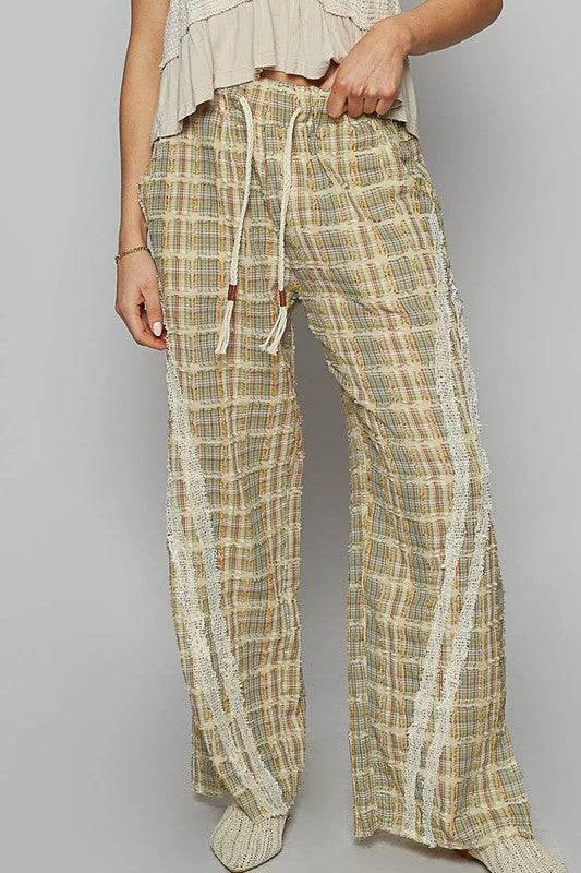 Can't Miss Can't Miss POL Lace Trim Drawstring Checkered Wide Leg Pants