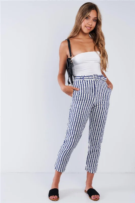 Steals and Deals Steals and Deals Navy Striped Tapered Belted Capri Pant
