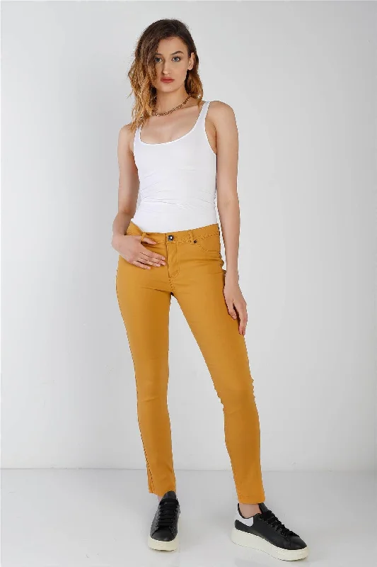Reduced Prices Reduced Prices Mustard Contrast Button Mid Rise Skinny Pants