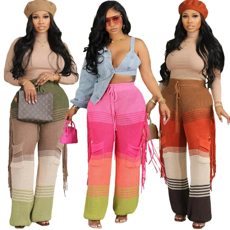 Final Markdown Final Markdown Bomblook ASPT84 Patchwork Color Knitted Tassel  Women Pants Y2K Pants Wide Leg Pants Women