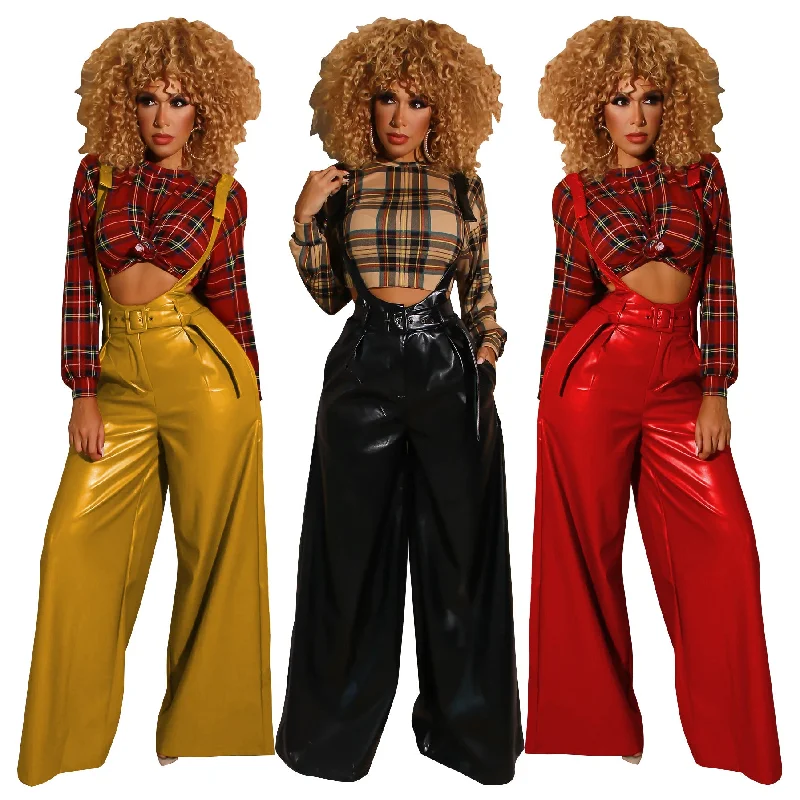Weekend Steals Await Weekend Steals Await BS107043 Fashion Casual elastic PU leather High Waist Wide Leg dungarees Fall Women trousers with suspenders Weekend Steals Await Weekend Steals Await BS107043 Fashion Casual elastic PU leather High Waist Wide Leg dungarees Fall Women trousers with suspenders
