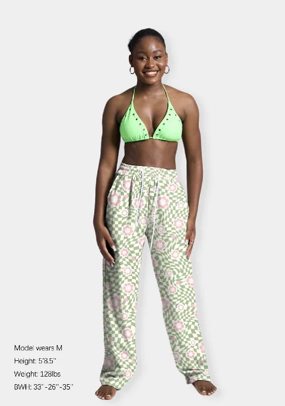 Extra Discounts Extra Discounts Checkerboard Pink Daisy Print Casual Pants