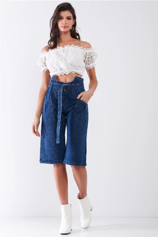 Can't Resist Can't Resist Dark Blue Denim Front Cut-Out High-Waist Buckle Self-Tie Belt Detail Midi Flare Jean Pants Can't Resist Can't Resist Dark Blue Denim Front Cut-Out High-Waist Buckle Self-Tie Belt Detail Midi Flare Jean Pants