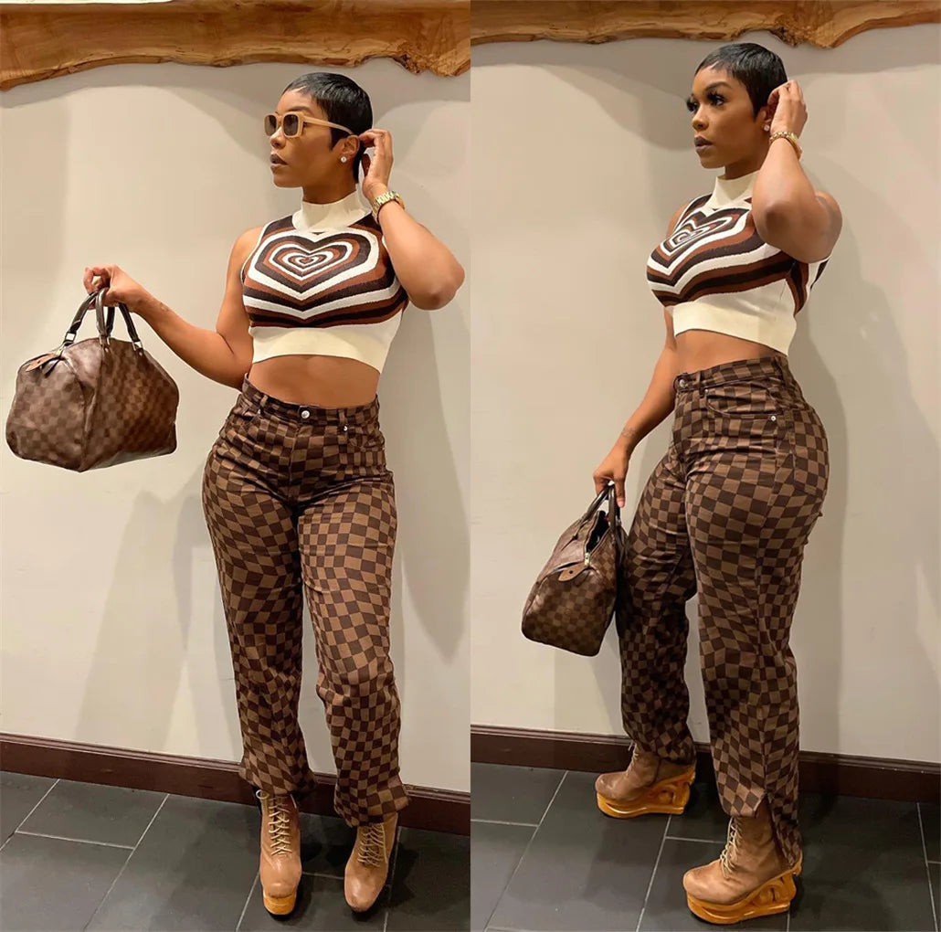Savings Galore Savings Galore Bomblook C1104PT Vintage Plaid Print Trousers Casual Women Pants Y2K Streetwear Denim Pants Straight Slit Jeans Women