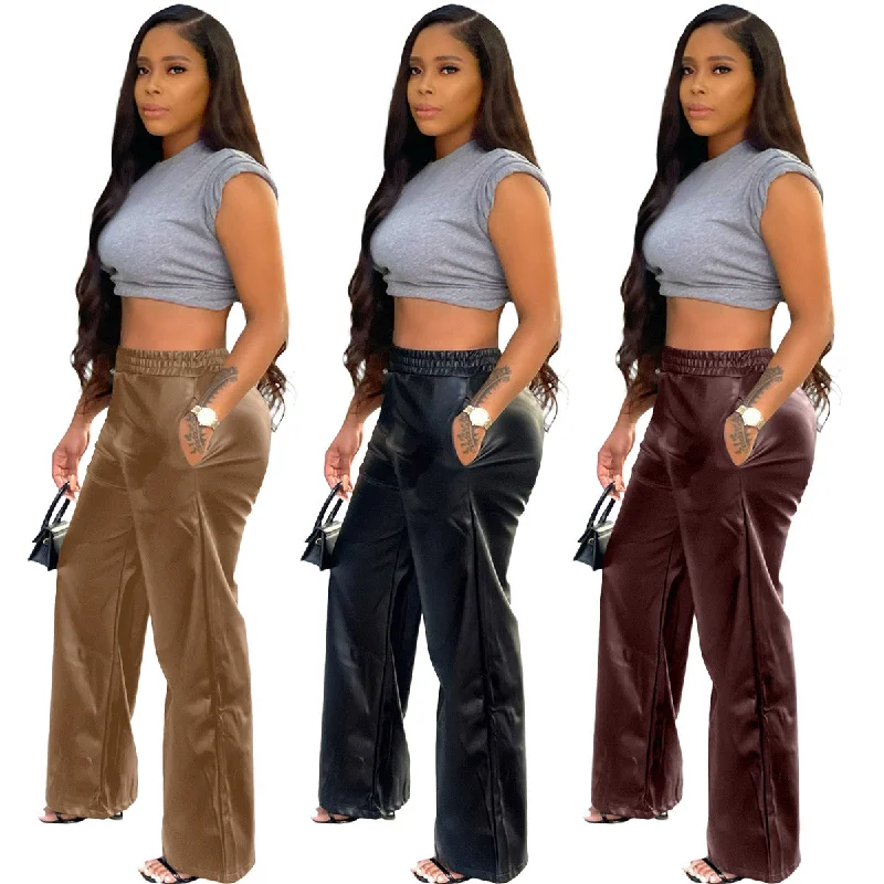 Weekend Bargains Galore Weekend Bargains Galore Z64370 Fashion Casual elastic PU leather High Waist Wide Leg pants Fall Women Trousers Weekend Bargains Galore Weekend Bargains Galore Z64370 Fashion Casual elastic PU leather High Waist Wide Leg pants Fall Women Trousers