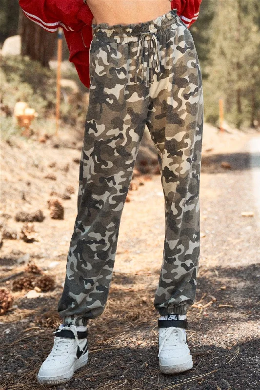 Online Specials Online Specials Olive Camo Print Self-Tie Ruffle High Waist Jogger Pants