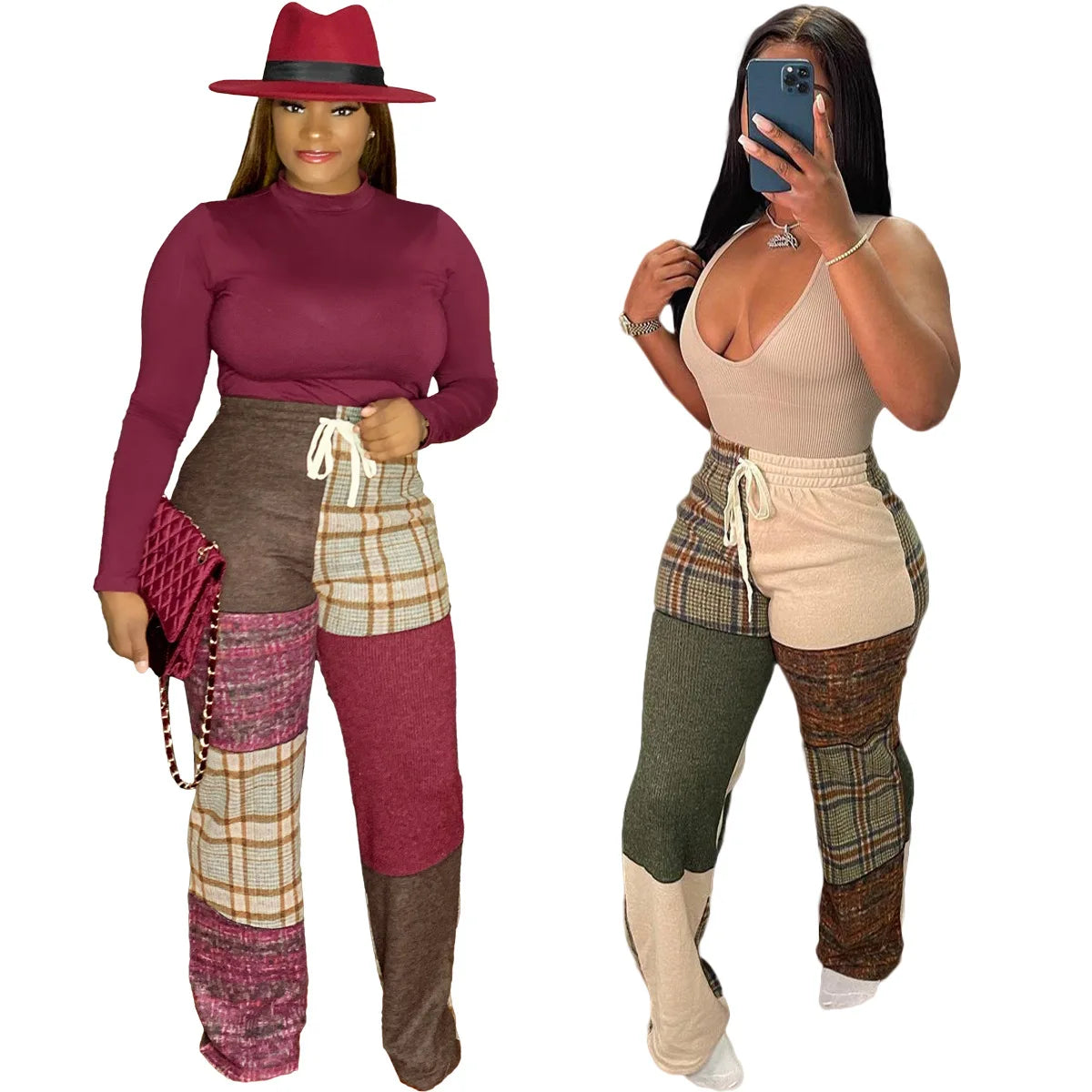 Super Sale Super Sale Print Plaid Bottom Ladies Casual Designer Pants Straight Plaid Pants for Female Ladies Loose Casual Plaid Patchwork Pants