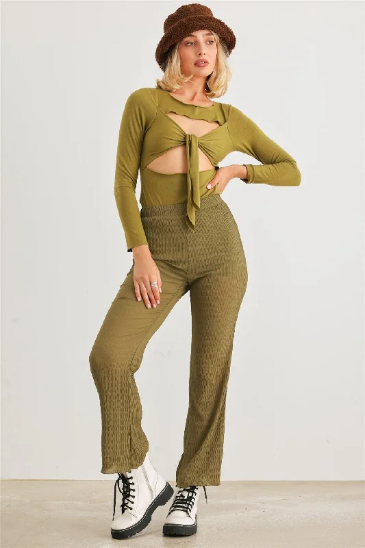 Discount Deals Discount Deals Light Olive Plisse High Waist Lettuce Hem Pants /1-2-2-1