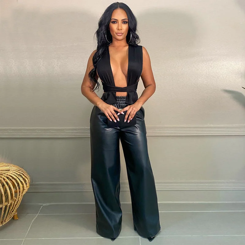 Can't Resist Can't Resist L0018 Fashion High Waist Black Wide Leg Long Pants Leather Pants For Women Can't Resist Can't Resist L0018 Fashion High Waist Black Wide Leg Long Pants Leather Pants For Women
