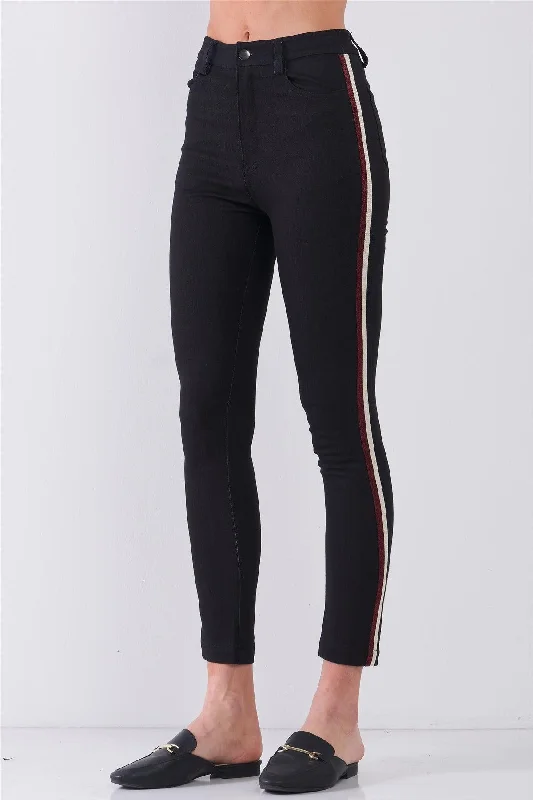 Savings Alert Savings Alert Black Mid-Rise Glitter Multi-Stripe Side Trim Detail Skinny Pants Savings Alert Savings Alert Black Mid-Rise Glitter Multi-Stripe Side Trim Detail Skinny Pants