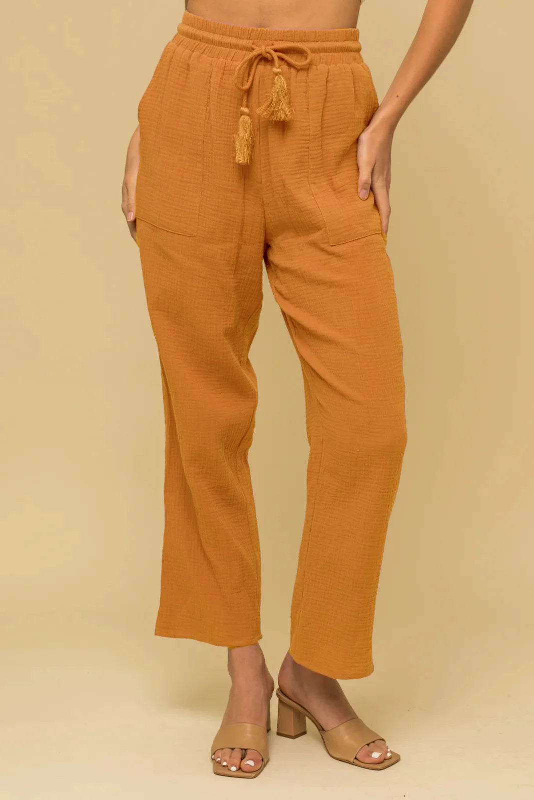 Big Discounts Big Discounts Cotton Tasseled Drawstring Waist Side Pocket Pants