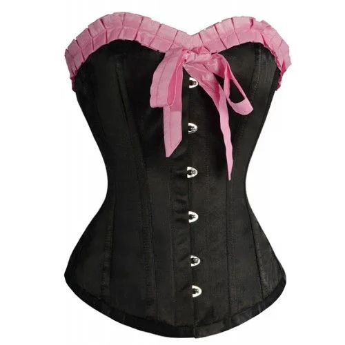 Can't Resist Can't Resist Albertina Black Satin Overbust Corset With Pink Frill