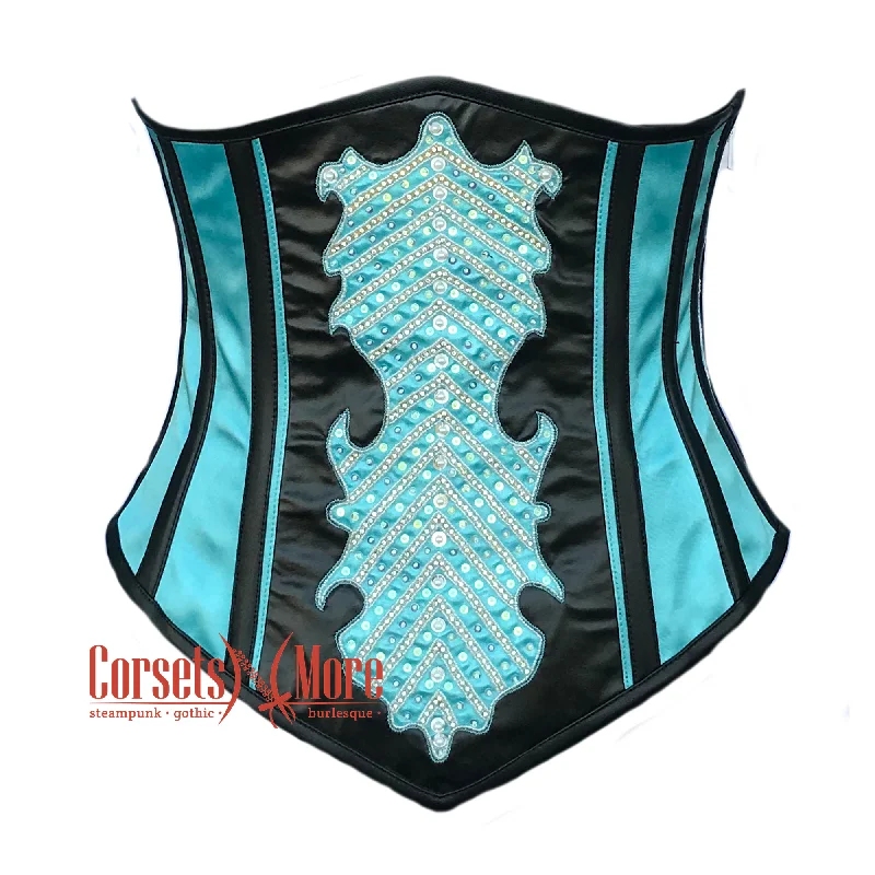 Weekend Savings Extravaganza Weekend Savings Extravaganza Baby Blue And Black Satin With Sequins Underbust Corset Burlesque Costume