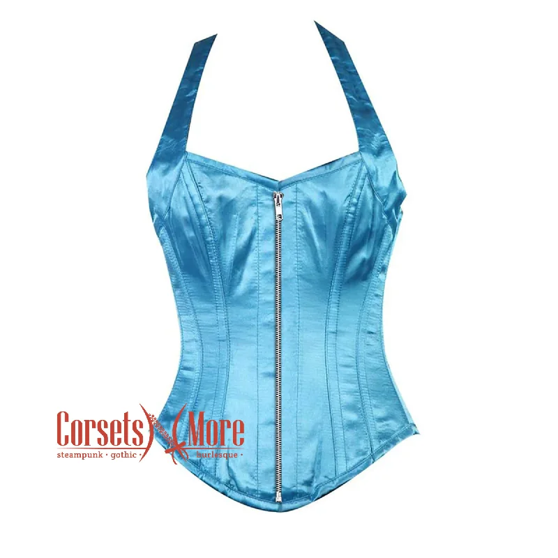 Special Price Special Price Baby Blue Satin Halter Shoulder Strap Burlesque Overbust Corset Bustier Top