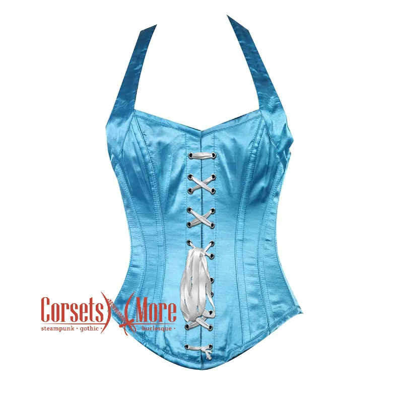 Super Deal Super Deal Baby Blue Satin With Shoulder Strap Burlesque Overbust Corset Bustier Top