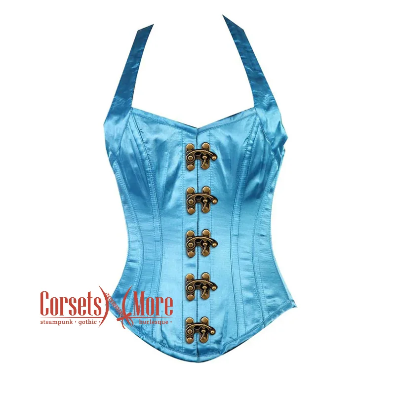 Stock Clearance Stock Clearance Baby Blue Satin With Shoulder Strap Front Clasp Burlesque Overbust Corset Bustier Top