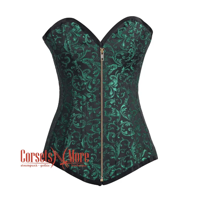 Weekend Bargains to Love Weekend Bargains to Love Black And Green Brocade Longline Front zipper Gothic Corset Burlesque Overbust Costume