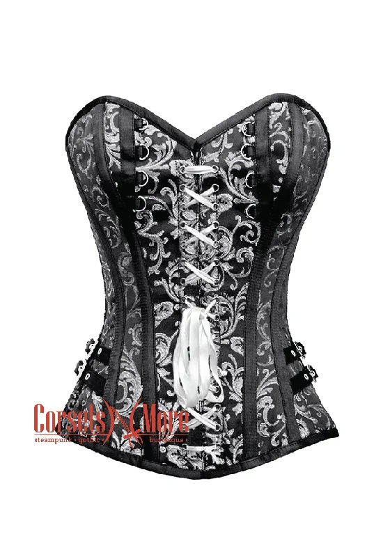 Epic Deals Epic Deals Black and Silver Brocade Front Lace Steampunk Overbust Costume Corset Epic Deals Epic Deals Black and Silver Brocade Front Lace Steampunk Overbust Costume Corset
