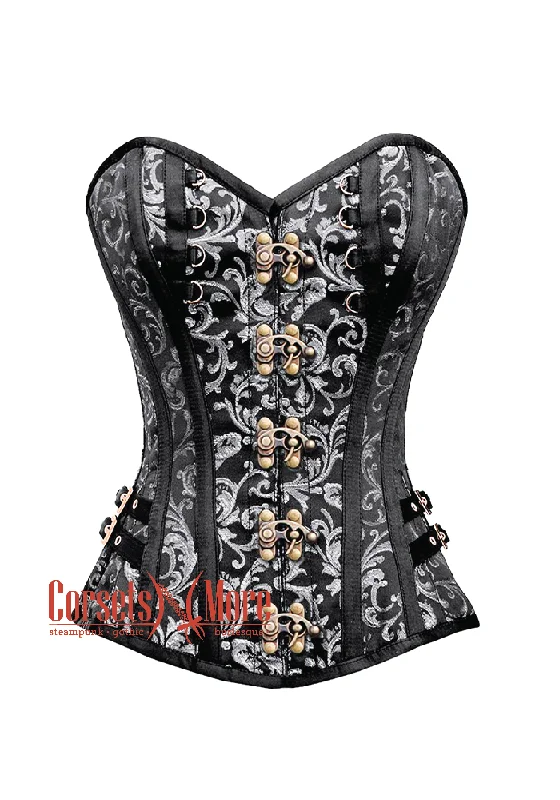 Final Clearance Final Clearance Black and Silver Brocade With Antique Clasps Steampunk Overbust Costume Corset Final Clearance Final Clearance Black and Silver Brocade With Antique Clasps Steampunk Overbust Costume Corset
