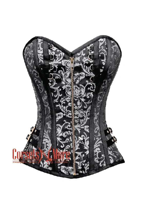 Fantastic Offers Fantastic Offers Black and Silver Brocade With Antique Zipper Steampunk Overbust Costume Corset Fantastic Offers Fantastic Offers Black and Silver Brocade With Antique Zipper Steampunk Overbust Costume Corset