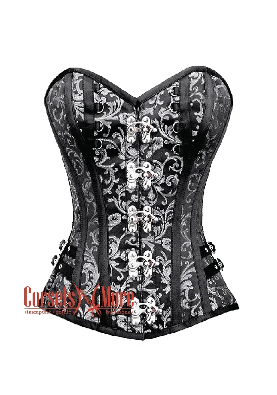 Huge Discounts Huge Discounts Black and Silver Brocade With Silver Clasps Steampunk Overbust Costume Corset Huge Discounts Huge Discounts Black and Silver Brocade With Silver Clasps Steampunk Overbust Costume Corset