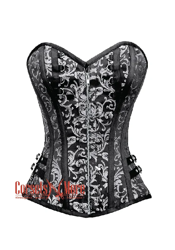 Final Markdown Final Markdown Black and Silver Brocade With Silver Zipper Steampunk Overbust Costume Corset Final Markdown Final Markdown Black and Silver Brocade With Silver Zipper Steampunk Overbust Costume Corset