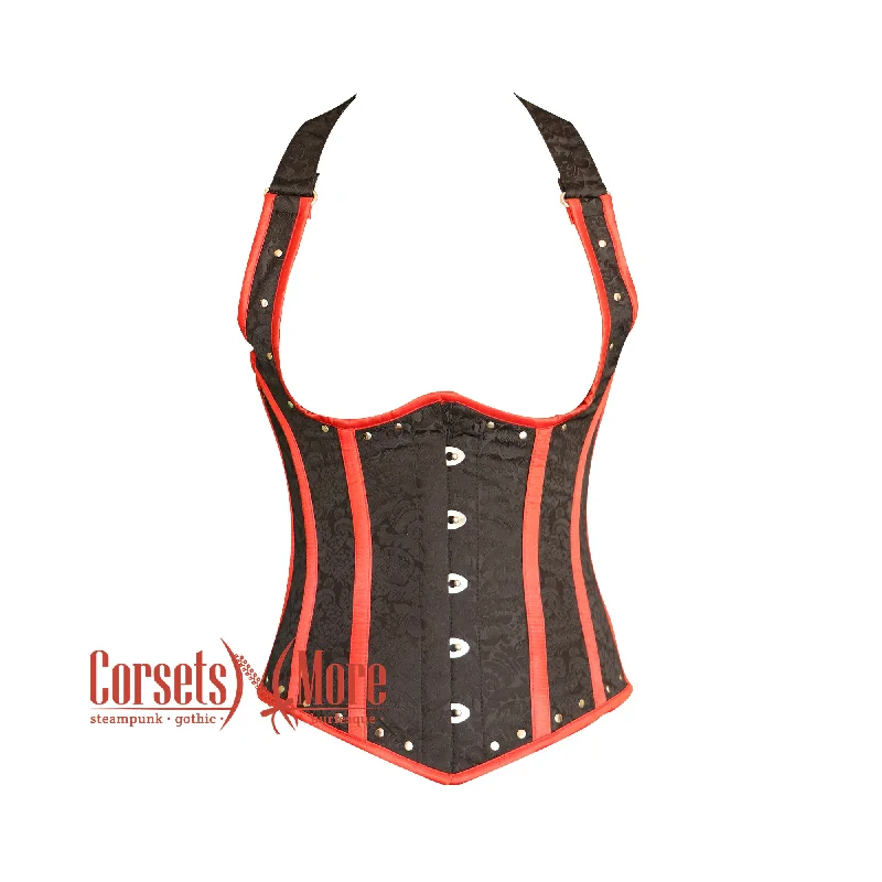 Deal Zone Deal Zone Black Brocade Red Stripe Halter Neck Gothic Underbust Waist Cincher Corset Deal Zone Deal Zone Black Brocade Red Stripe Halter Neck Gothic Underbust Waist Cincher Corset