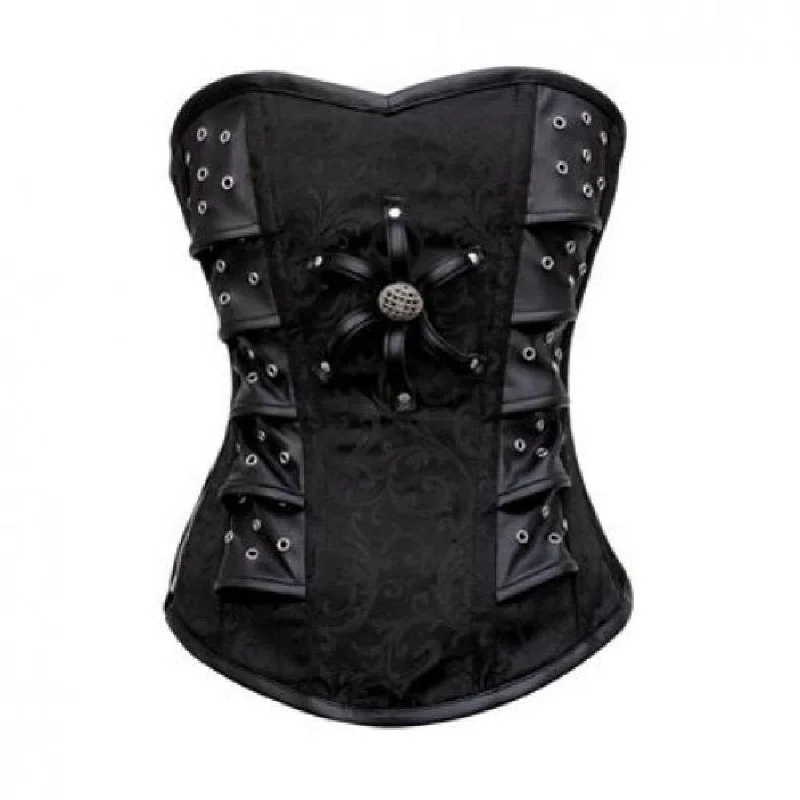 Super Bargain Super Bargain Black Brocade with Leather Patches Gothic Overbust corset Waist Trainer Steampunk Costume Super Bargain Super Bargain Black Brocade with Leather Patches Gothic Overbust corset Waist Trainer Steampunk Costume