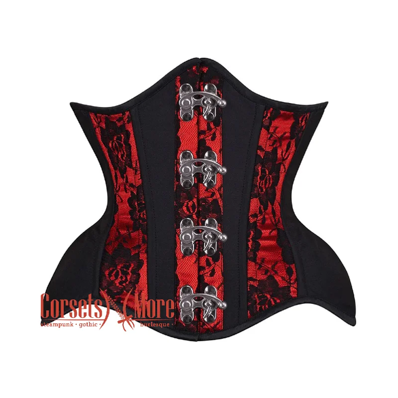 Closeout Closeout Black Cotton Red Satin Net Overlay Stripe Front Clasps Steampunk Underbust Corset Closeout Closeout Black Cotton Red Satin Net Overlay Stripe Front Clasps Steampunk Underbust Corset