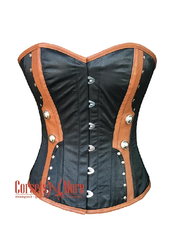 Flash Sale Flash Sale Black Satin Brown Leather Steampunk Costume Overbust Corset Top Flash Sale Flash Sale Black Satin Brown Leather Steampunk Costume Overbust Corset Top