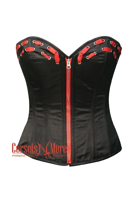 Must-Have Deals Must-Have Deals Black Satin With Red Lace Front Zipper Overbust Gothic Corset Burlesque Costume Must-Have Deals Must-Have Deals Black Satin With Red Lace Front Zipper Overbust Gothic Corset Burlesque Costume