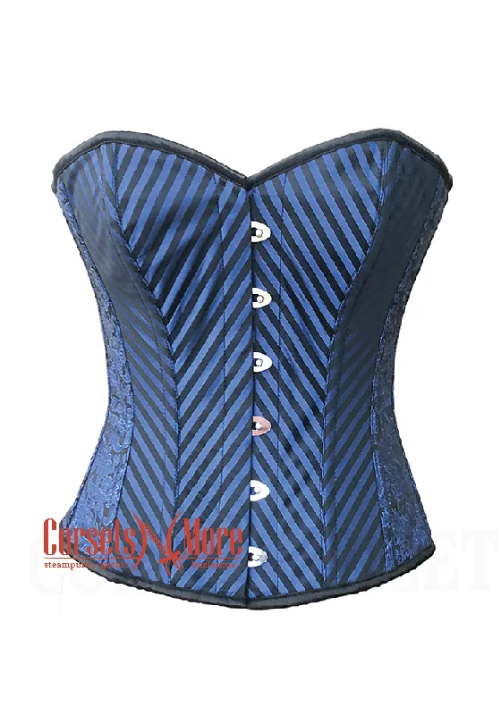 Deep Savings Deep Savings Blue and Black Brocade Striped Overbust Corset Sexy Top