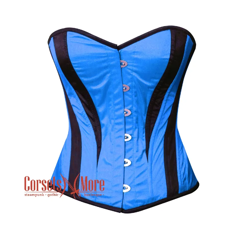 Savings Alert Savings Alert Blue and Black Satin Burlesque Costume Overbust Corset Top Savings Alert Savings Alert Blue and Black Satin Burlesque Costume Overbust Corset Top