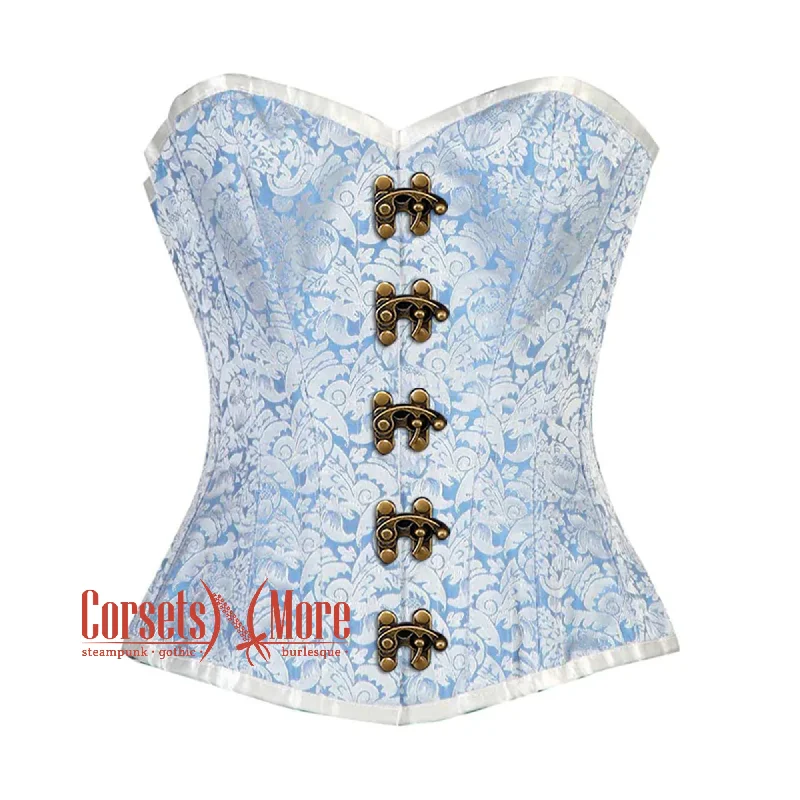 Weekend Shopping Bliss Weekend Shopping Bliss Blue And White Brocade Front Antique Clasps Burlesque Gothic Overbust Corset Bustier Top