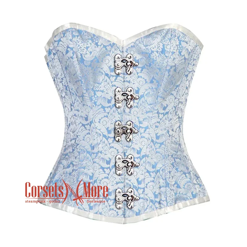 Weekend Extravaganza: Shop Now Weekend Extravaganza: Shop Now Blue And White Brocade Front Silver Clasps Burlesque Gothic Overbust Corset Bustier Top