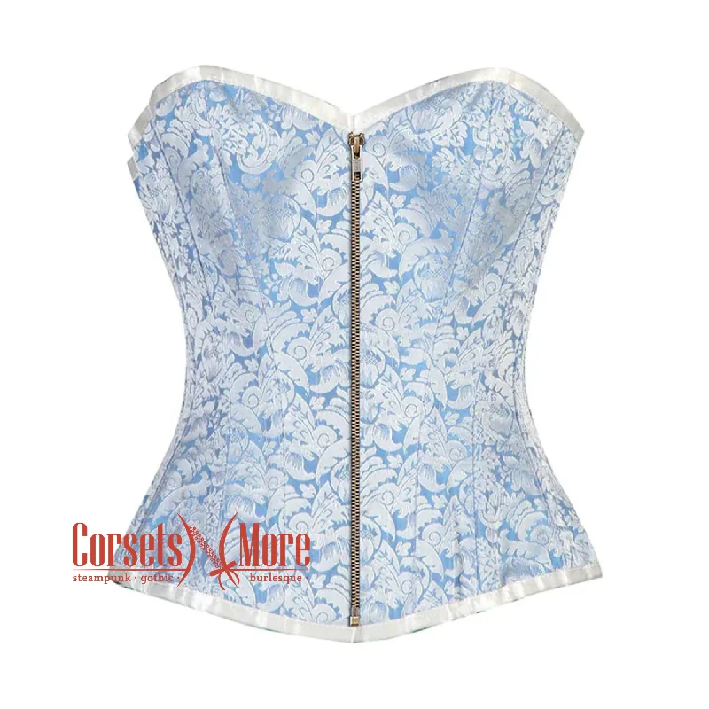 Weekend Deals That Dazzle Weekend Deals That Dazzle Blue And White Brocade Front Zip Burlesque Gothic Overbust Corset Bustier Top