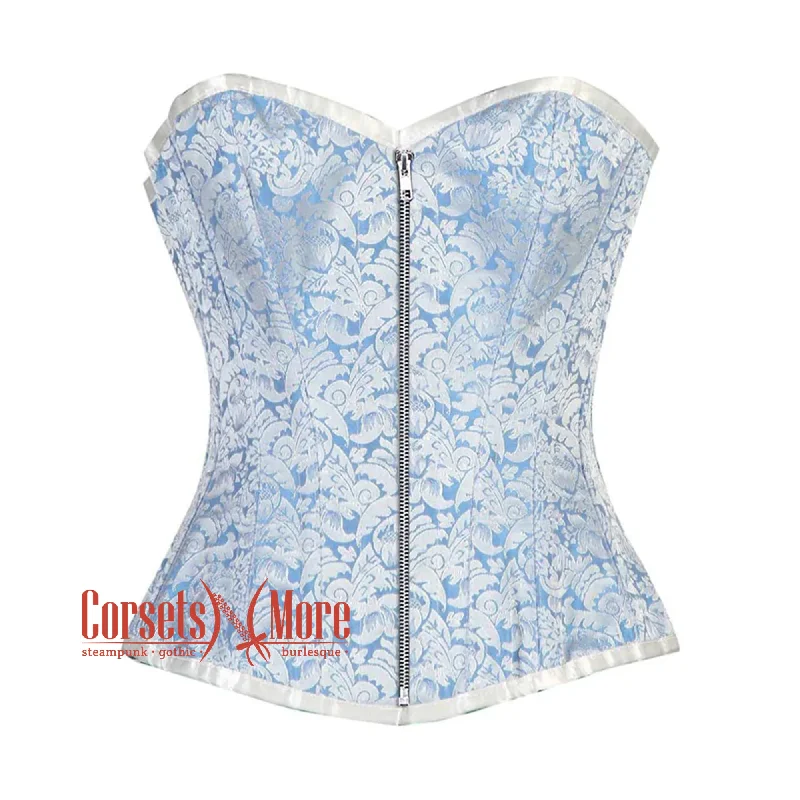 Weekend Steals Await Weekend Steals Await Blue And White Brocade Silver Zip Burlesque Gothic Overbust Corset Bustier Top